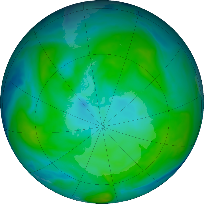 Antarctic ozone map for 22 January 2020